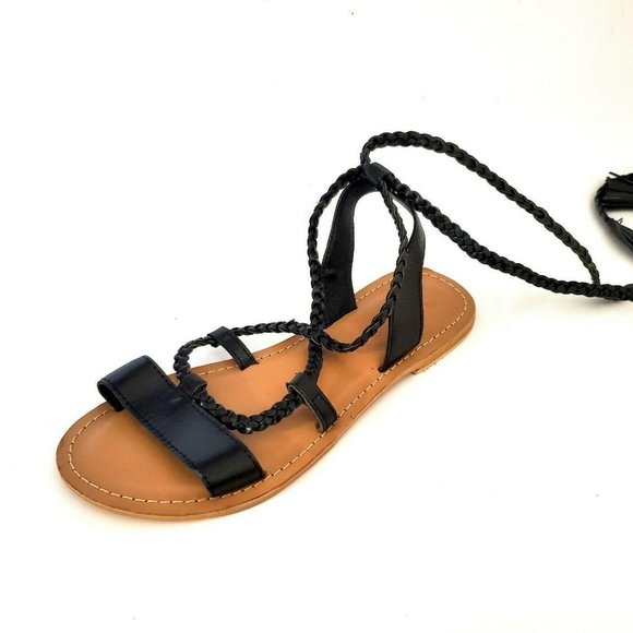 Asos Flat Black Braided Lace Up Sandals Size 6 Strappy Boho Bohemian Festival - Picture 1 of 12